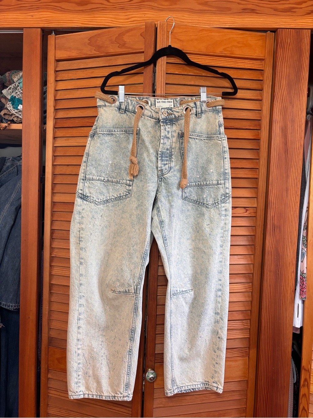 Free People High-Rise Light Wash Wide-Leg Barrel Jeans with Drawcord